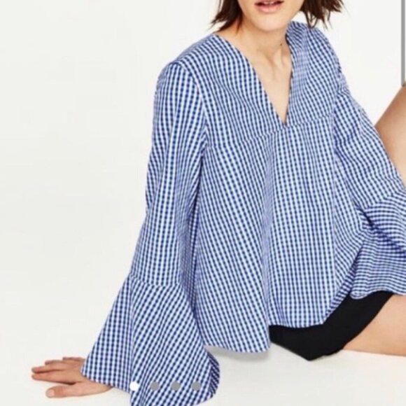 Zara blue and white cotton gingham flare sleeve top - Picture 1 of 5